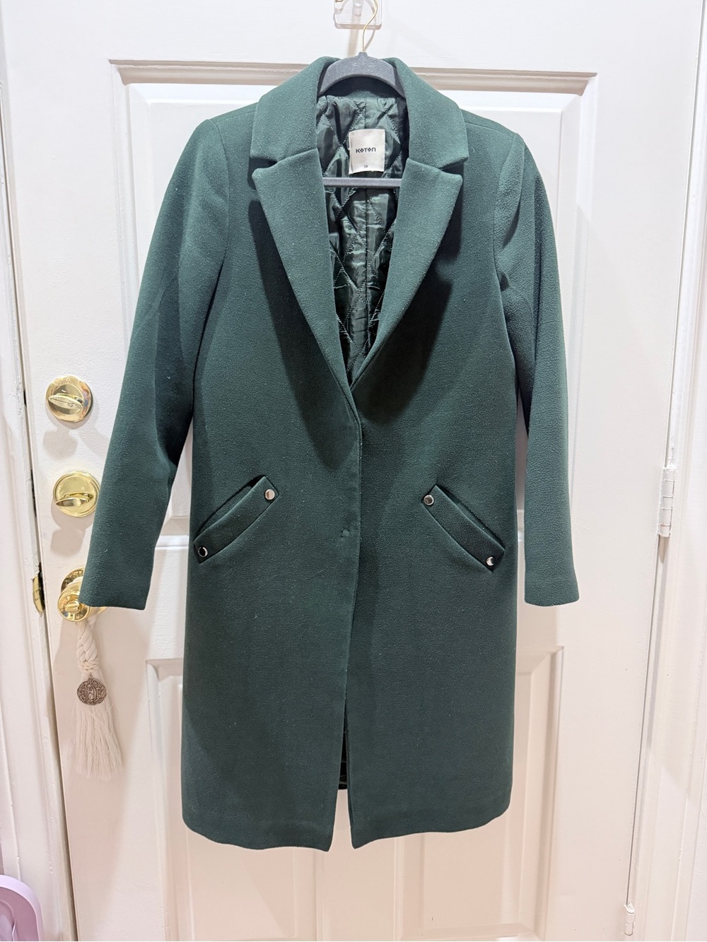 Koton Women's Dark Forest Green Single-Breasted Wool-Blend Coat